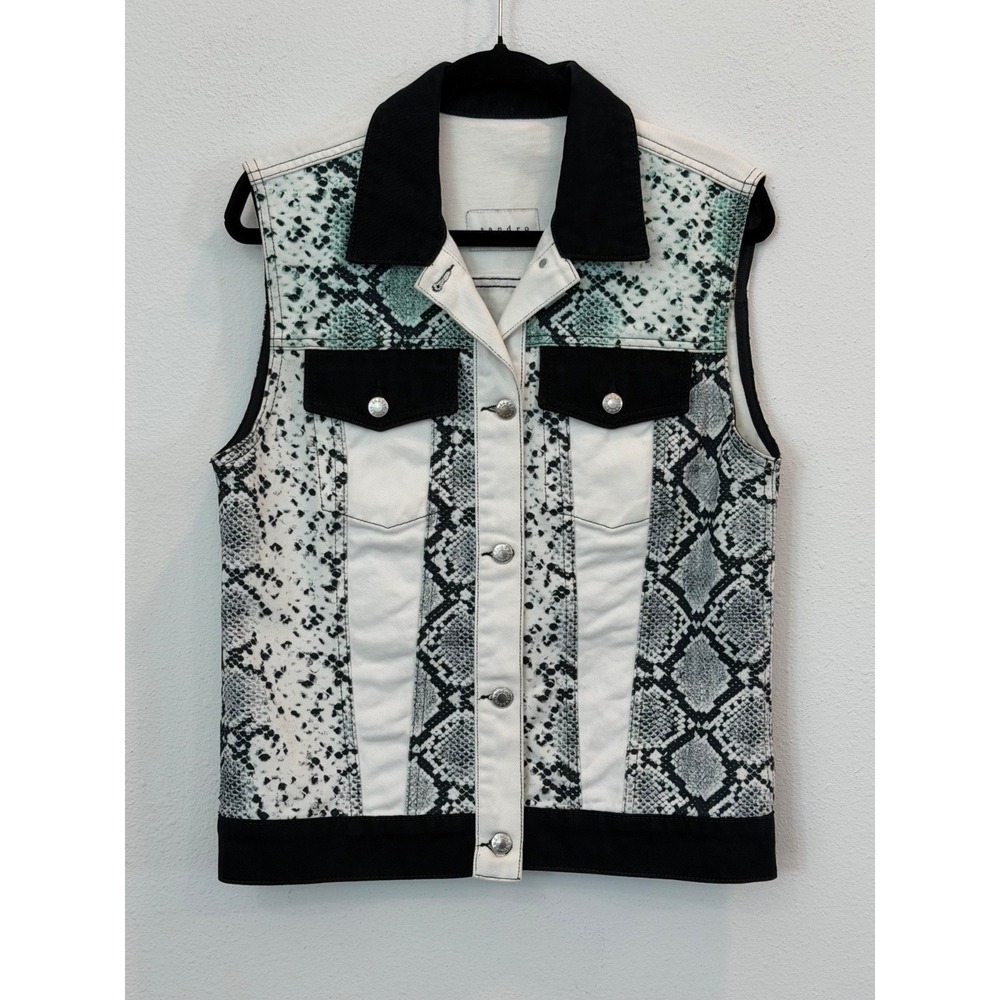 Sandro Paris Reptile Snake Print Denim Vest Women's Size 2 SMALL Edgy Statement - Picture 1 of 7